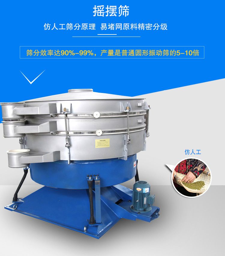 搖擺篩適合精細(xì)和超細(xì)范圍的粉末和微粒狀物料，產(chǎn)量大、精度高